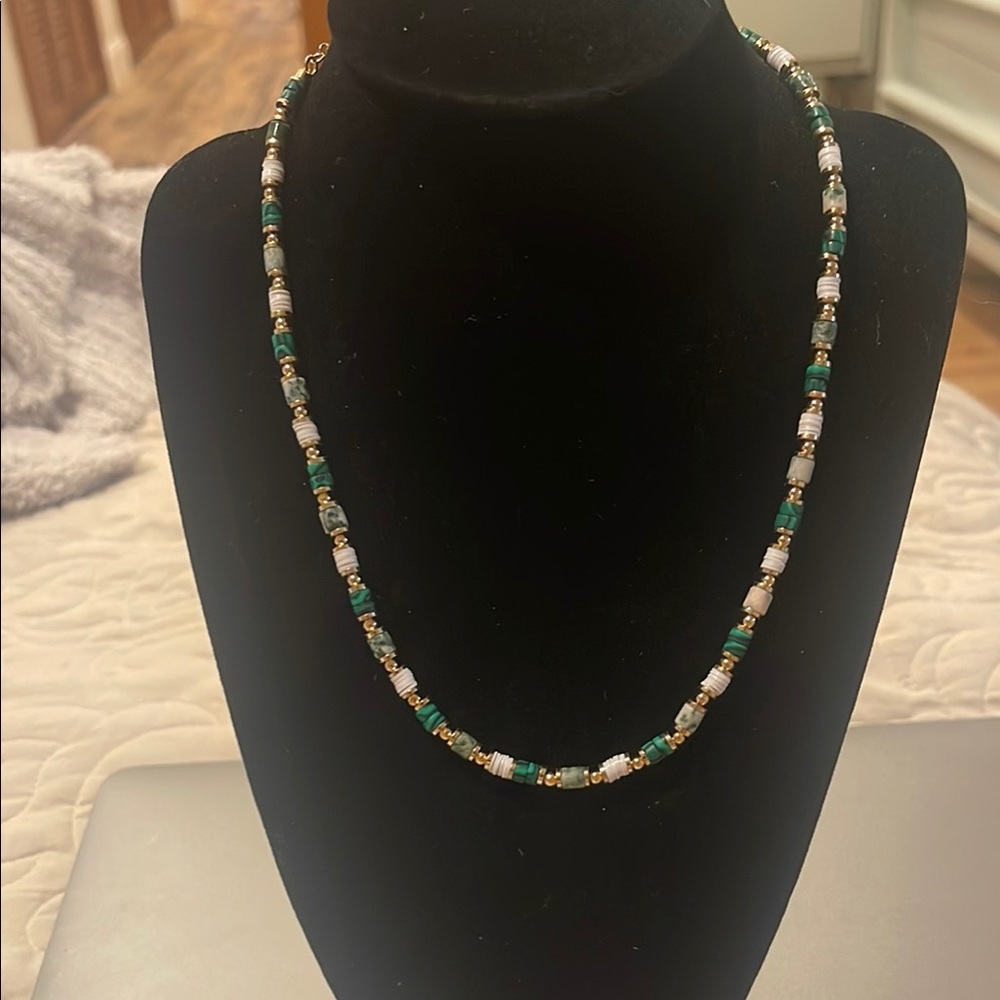 Colorful Beaded Necklace with Green Pink and Gold Accents